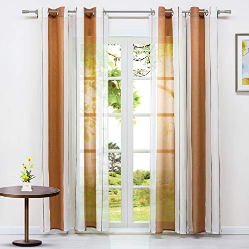 HeichkelL 2er Set Vorhänge mit Ösen Halbtransparente gestreifte Gardinen in Leinen-Optik Modern Ösenschals für Wohnzimmer Schlafzimmer Weiß-Braun je Stück BxH 140x225cm von HeichkelL