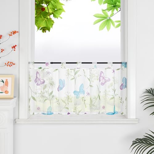 HeichkelL Bedruckte Scheibengardine Voile Kurzstores mit Blumen und Schmetterlinge Transparente Gardine Weiß Bistrogardine mit Schlaufen HxB 45x120 cm von HeichkelL