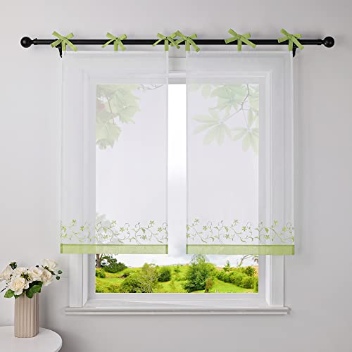 HeichkelL Bestickte Scheibengardine Blumen Muster Voile Bistrogardine Transparente Kurzstores mit farblichen Schlaufen Grün BxH 80x120 cm 1 Stück von HeichkelL