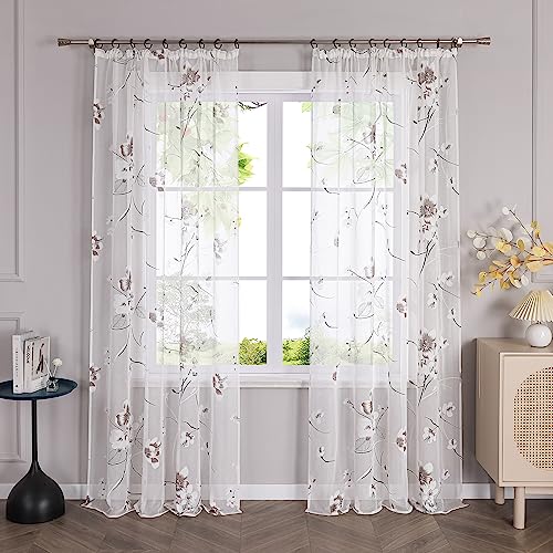HeichkelL Gardine Transparent Vorhang mit Blumen Landhaus Gardinenschal Fensterschal Weiß mit Kräuselband BxH 140x245 cm 1 Stück von HeichkelL