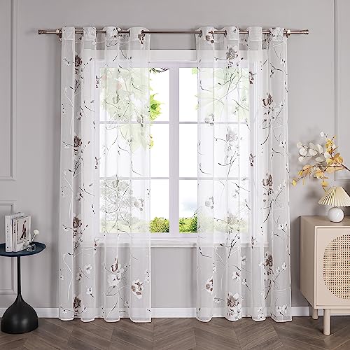 HeichkelL Gardine Transparent Vorhang mit Blumen Landhaus Gardinenschal Fensterschal Weiß mit Ösen BxH 140x245 cm 1 Stück von HeichkelL