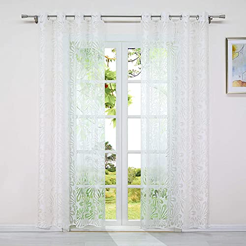 HeichkelL Gardine mit Ösen Ausbrenner Blumen-Muster Voile Vorhänge für Wohnzimmer Ösenschals Fensterdekoration 1 Stück 140x225 cm (BxH) Weiß von HeichkelL