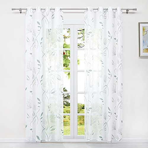 HeichkelL Gardinen mit Ösen Transparent 2 Stück Dekoration Ösen Vorhänge für Wohnzimmer Bedruckt Fensterstores Blumen-Pflanzen Motiv Weiß-Grün BxH 140x145 cm von HeichkelL