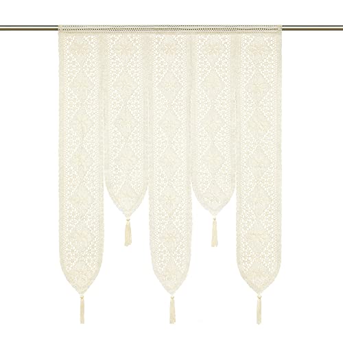 HeichkelL Häkelspitze Vorhänge Landhausstil Cafe Scheibengardine Vintage Küchen Stores mit Häkelbordüre und Quaste Sonne-Blumen Beige BxH 100×120 cm von HeichkelL