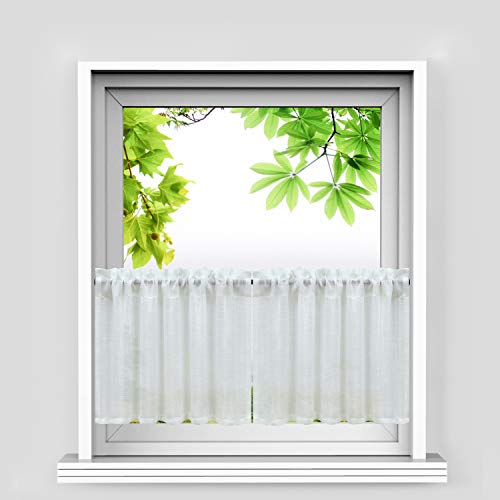 HeichkelL Leinen-Optik Scheibengardinen Halb Transparent Bistrogardine Landhausstil Kurzstores 2er Set Küche Gardinen Weiß HöhexBreite 60x145cm von HeichkelL