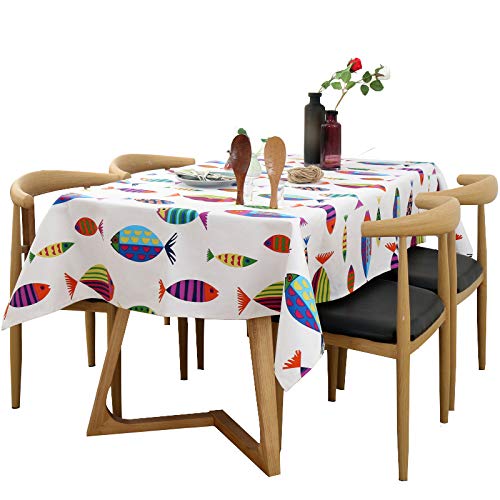 HeichkelL Leinen-Optik Tischdecke Rechteckige Abwaschbar Fisch Muster Tischtuch Bedrukt Tischdecke Garten Tischdeko Weiß 90 x 135 cm von HeichkelL