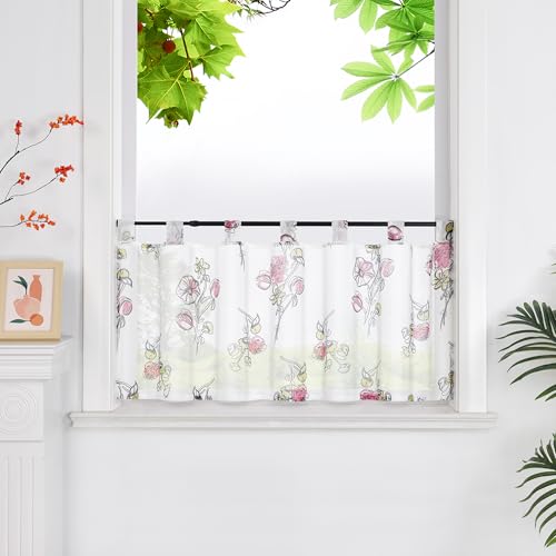 HeichkelL Leinenoptik Scheibengardine Transparente Gardine Kurzstores mit Blumen Scheibenvorhang Bedruckt Landhaus kurzvorhang mit Schlaufen Rot HxB 30x120 cm von HeichkelL