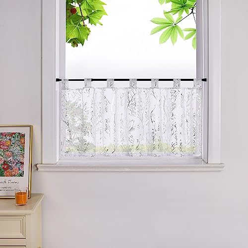 HeichkelL Modern Scheibengardine Transparent Bistrogardine Leinenoptik Baumzweige Küchegardine Schlaufen Kurzstore Silber HxB 30x90 cm von HeichkelL