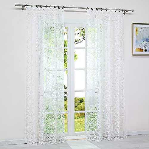 HeichkelL Optik Gardine Ausbrenner mit Kräuselband Blumen-Muster Voile Vorhänge für Wohnzimmer Fenster Dekoschal Luftig Lichtdurchlässig 1 Stück 140x225 cm (BxH) Weiß von HeichkelL