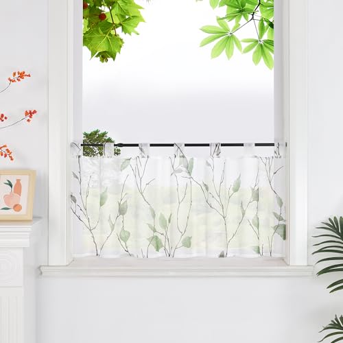 HeichkelL Scheibengardine Bistrogardine mit Blätter Transparente Gardine Kurzstores Bedruckt Scheibenvorhang mit Schlaufen Grün HxB 60x90 cm von HeichkelL
