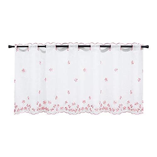 HeichkelL Scheibengardine Blumenmuster Bistrogardine Landhausstil Transparente Küchenvorhänge Kurzgardine Leinenoptik Stangendurchzug Pink BxH 140x60 cm von HeichkelL