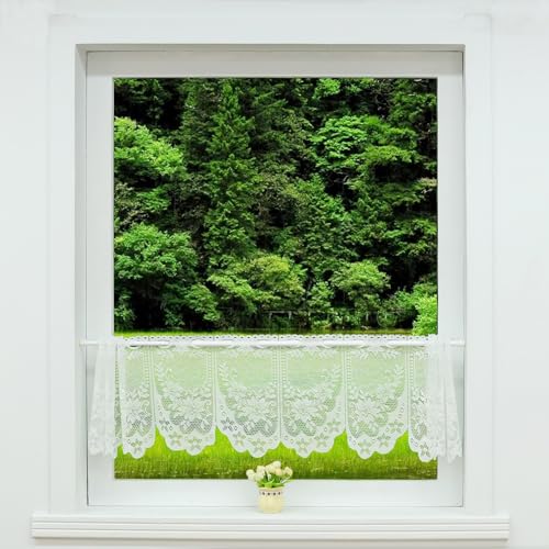 HeichkelL Scheibengardine Spitze-Jacquard Kurzstore Bistrogardine Küchegardine HxB 30x160cm Stangendurchzug Vorhang Blume-Muster Weiß von HeichkelL