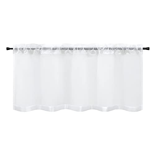 HeichkelL Scheibengardine Voile Bistrogardine mit Satinband Kurzstores Tunnelzug Gardinen Küche Vorhang aufgenähte Satinband als Bordüte Weiß BxH 90x30 cm von HeichkelL