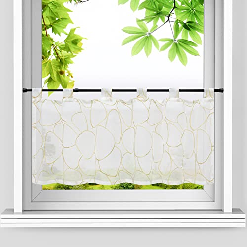 HeichkelL Scheibengardine mit Schlaufen Bistrogardine Landhausstil Transparente Kleinfenster Kurzgardine Leinenoptik Steineförmige Stickerei Gold HxB 30x90 cm von HeichkelL