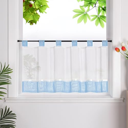 HeichkelL Scheibengardine mit Schlaufen Leinenoptik Gardine Halbtransparent Bistrogardine Landhausstil Kurzstores Blau HxB 60x145cm von HeichkelL