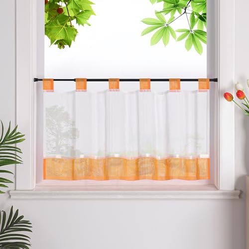 HeichkelL Scheibengardine mit Schlaufen Leinenoptik Gardine Halbtransparent Bistrogardine Landhausstil Kurzstores Orange HxB 45x120cm von HeichkelL