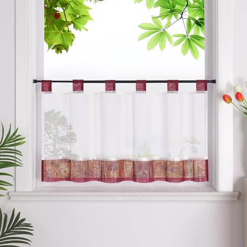 HeichkelL Scheibengardine mit Schlaufen Leinenoptik Gardine Halbtransparent Bistrogardine Landhausstil Kurzstores Rot HxB 45x120cm von HeichkelL