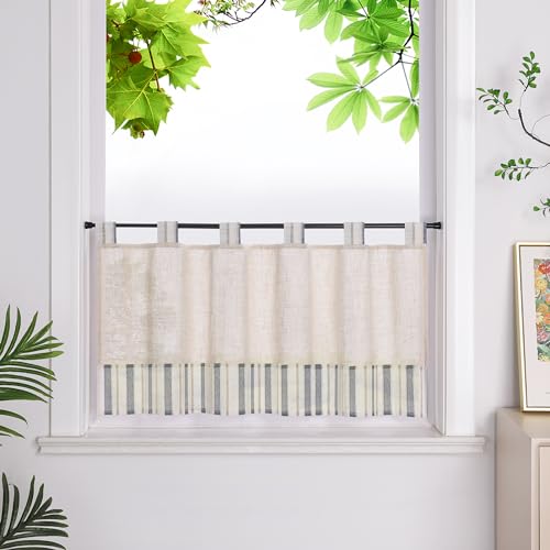 HeichkelL Scheibengardine mit Schlaufen Leinenoptik Gardine Kurzstores mit Streifen Landhaus Kurzvorhang für Badezimmer Küche Wohnzimmer Grau HxB 120x125cm von HeichkelL