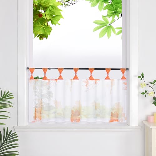 HeichkelL Scheibengardine mit Schlaufen Transparent Gardine mit Leinenoptik Kurzstores mit Blumen Landhaus Kurzvorhang Orange HxB 45x120cm von HeichkelL