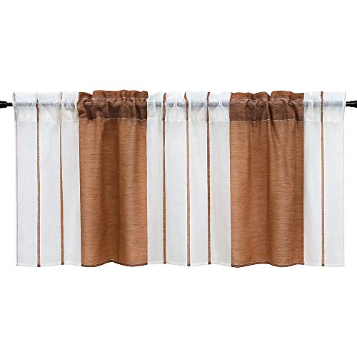 HeichkelL Scheibengardine mit Streifen-Dessinierung Halptransparente Kurzstores Tunnelzug Küche Esszimmer Bistrogardine Braun HxB 60x145 cm von HeichkelL