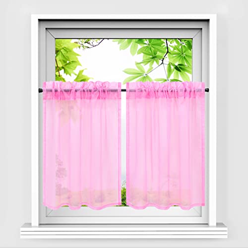 HeichkelL Scheibengardinen 2er Set Bistrogardine Voile Transparent Paarig Kurzstores Einfarbige Fensterschals Küche Vorhang Rosa BxH 76x61 cm*2 von HeichkelL