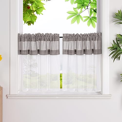 HeichkelL Scheibengardinen Kontrastfarben Design Transparente Bistrogardinen 2er Set Kurzstores Landhausstil Kleinfenster Gardinen Braun HxB 45x120cm*2 von HeichkelL