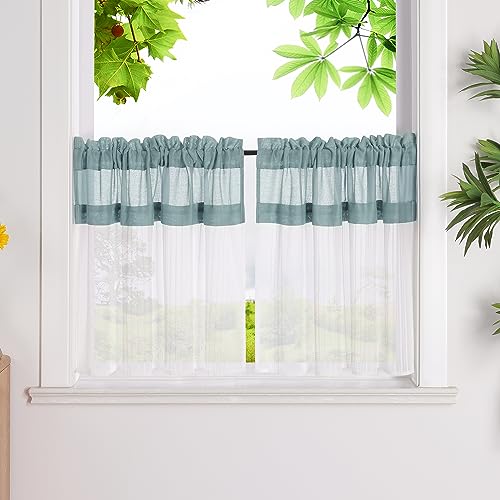HeichkelL Scheibengardinen Kontrastfarben Design Transparente Bistrogardinen 2er Set Kurzstores Landhausstil Kleinfenster Gardinen Grün HxB 90x110cm*2 von HeichkelL