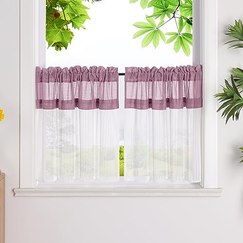 HeichkelL Scheibengardinen Kontrastfarben Design Transparente Bistrogardinen 2er Set Kurzstores Landhausstil Kleinfenster Gardinen Violett HxB 45x90cm*2 von HeichkelL