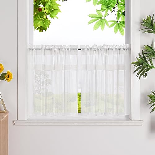 HeichkelL Scheibengardinen Kontrastfarben Design Transparente Bistrogardinen 2er Set Kurzstores Landhausstil Kleinfenster Gardinen Weiß HxB 45x90cm*2 von HeichkelL