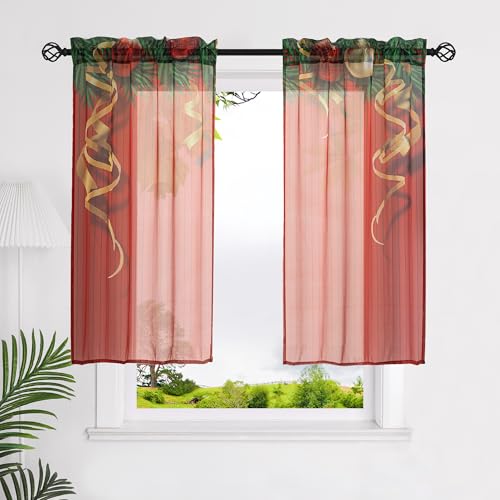 HeichkelL Scheibengardinen Weihnachten Vorhang Transparente Gardinen 2 Teilige Bistrogardinen Weihnachten Dekoration für Kinderzimmer und Küche Rot BxH 68x91 cm von HeichkelL