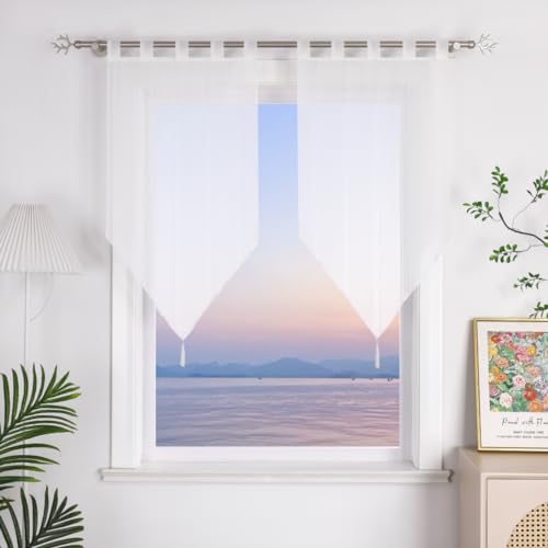 HeichkelL Scheibengardinen mit Streifen Bistrogardinen 2er Set Leinenoptik Gardine Kurzstores mit Quaste Weiß mit Schlaufen BxH 60x120cm von HeichkelL