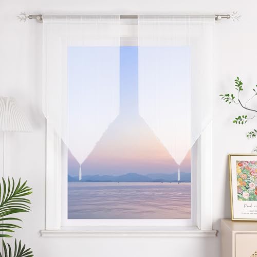 HeichkelL Scheibengardinen mit Streifen Bistrogardinen 2er Set Leinenoptik Gardine Kurzstores mit Quaste Weiß mit Tunnelzug BxH 60x90cm von HeichkelL