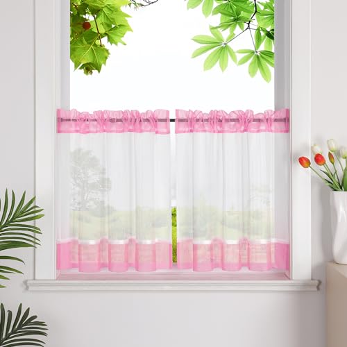 HeichkelL Scheibengardinen mit Streifen Küche Kurzstores Leinenoptik Bistrogardine Kleinfenster Gardine Rosa mit Tunnelzug BxH 45x120cm 1 Stück von HeichkelL