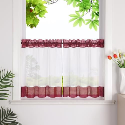 HeichkelL Scheibengardinen mit Streifen Küche Kurzstores Leinenoptik Bistrogardine Kleinfenster Gardine Rot mit Tunnelzug BxH 45x120cm 1 Stück von HeichkelL