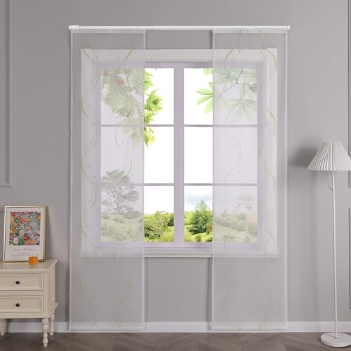 HeichkelL Schiebegardinen mit Klettband Transparent Schiebevorhänge Flächenvorhänge mit Wellen Stickerei 2er Set Gardinenschal Grün BxH 57x245 cm von HeichkelL