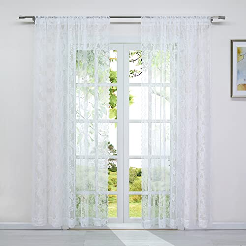 HeichkelL Spitze Vorhang Weiß Transparent Jacquard Gardinen mit Rosenblumen Weinachten Fenster Dekoschals Elegant Gardinenstores für Wohnzimmer Hochzeit 2 x (152 x 160 cm) von HeichkelL