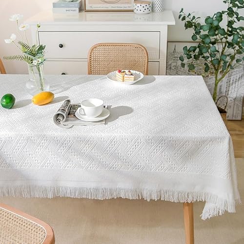 HeichkelL Tischdecke mit Quaste Baumwolle Leinen Tischdecke Tischtuch mit Karo Rechteckig Tischwäsche Tischdekoration Creme 180 x 260 cm von HeichkelL