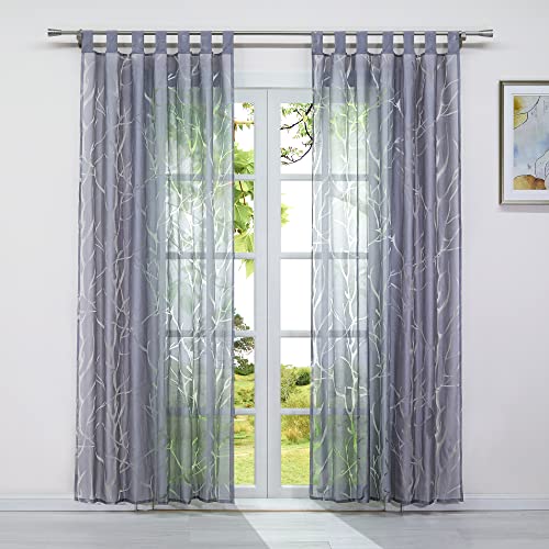 HeichkelL Transparente Ausbrenner Gardine 1 Stück Voile Fenster Vorhang Modern Gardinenschals mit Schlaufen für Wohnzimmer Baumäste Muster Grau BxH 140x145 cm von HeichkelL