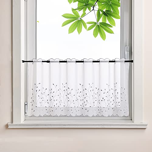 HeichkelL Transparente Scheibengardine Büsche Stickerei Bistrogardine Landhausstil Voile Küchenfenster Gardine Bestickter Kurzvorhang Stangenlöcher Hellgrau HxB 30x90 cm von HeichkelL