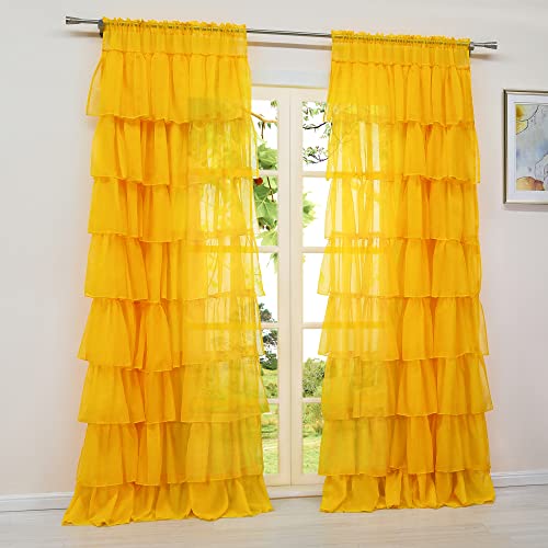 HeichkelL Tunnelzug Gardinen mit Rüsche Vorhang Voile Mehrstuftiges Design Schöner Fenster Dekoschal Durchsichtig Modern 1 Stück Breite x Höhe 140 x 220 cm Gelb von HeichkelL