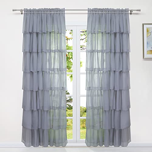 HeichkelL Tunnelzug Gardinen mit Rüsche Vorhang Voile Mehrstuftiges Design Schöner Fenster Dekoschal Durchsichtig Modern 1 Stück Breite x Höhe 140 x 220 cm Grau von HeichkelL