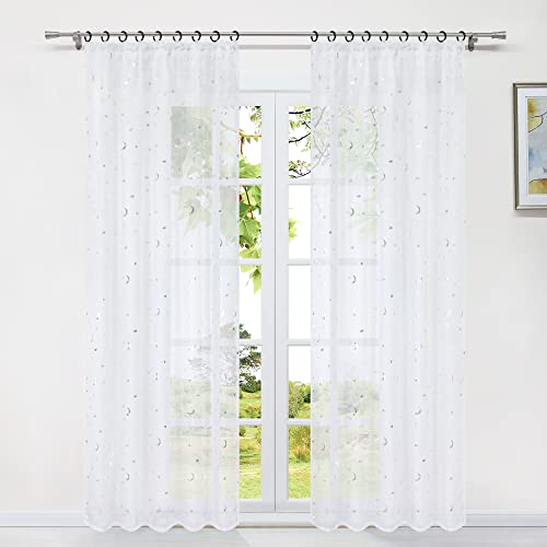 HeichkelL Voile Gardine mit Kräuselband 1 Stück Vorhang Wohnzimmer Modern Transparente Dekoschals Silber Mond-Sterne-Druck Fensterstores für Kinderzimmer, Weiß, BxH 140x225 cm von HeichkelL