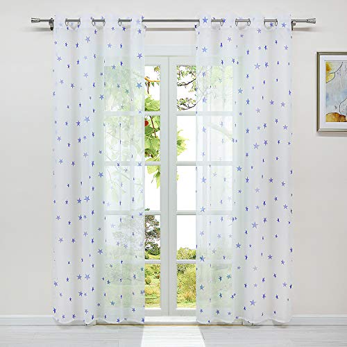 HeichkelL Voile Gardine mit Ösen Vorhang Transparent Sterne Druck Ösen Dekoschal für Kinderzimmer Wohnzimmer BxH 140x145cm Weiß-Blau von HeichkelL