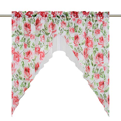 Heichkell Voile Scheibengardine 2-Teilige Kleinfenster Bogen Vorhang mit Tunnelzug Doppelschichtige Küchengardinen Rosenblumen Druck BxH 80x80 cm (Jedes Stück) von HeichkelL