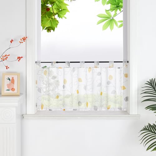 HeichkelL Voile Scheibengardine Bistrogardine mit Blätter Transparent Kurzstores Fenstervorhang mit Schlaufen Landhaus Gardine Gelb HxB 30x120cm von HeichkelL