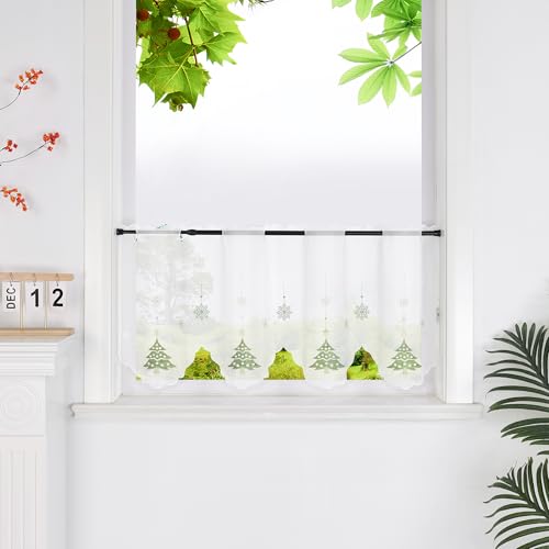 HeichkelL Voile Scheibengardine Bistrogardine mit Weihnachtsbaum und Schneeflocken Weihnachten Kurzstores Transparente Gardine Stangenlöcher Grün HxB 45x90 cm von HeichkelL