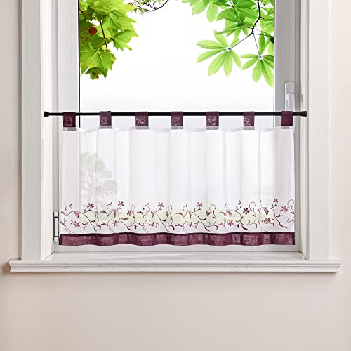 HeichkelL Voile Scheibengardine Ranken Stickerei Kurzstores mit farblichen Schlaufen Küchengardine Fenstervorhang Bestickt Violett HöhexBreite 45x120 cm von HeichkelL