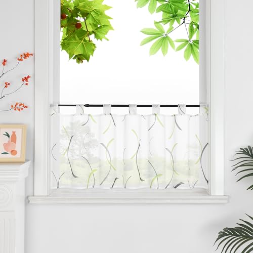 HeichkelL Voile Scheibengardine Transparente Gardine Bistrogardine mit Wellen Modern Kurzstores Scheibenvorhang mit Schlaufen Grün HxB 45x90 cm von HeichkelL