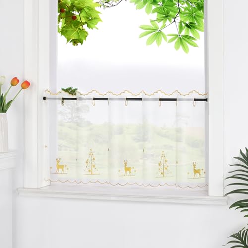 HeichkelL Voile Scheibengardine Transparente Gardine Weihnachten Kurzstores mit Stickerei Bistrogardine mit Rentier und Weihnachtsbaum Gold HxB 30x120 cm von HeichkelL