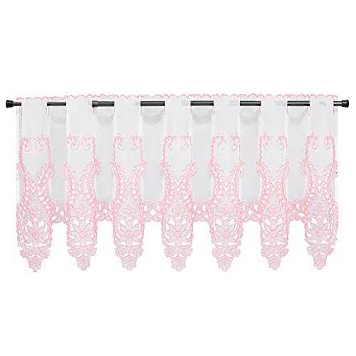 HeichkelL Voile Scheibengardine mit Floralen Stickereien Transparent Kurzstore Stickereienkante Küchengardine Bistrogardine Vintage Pink BxH 150x45 cm von HeichkelL